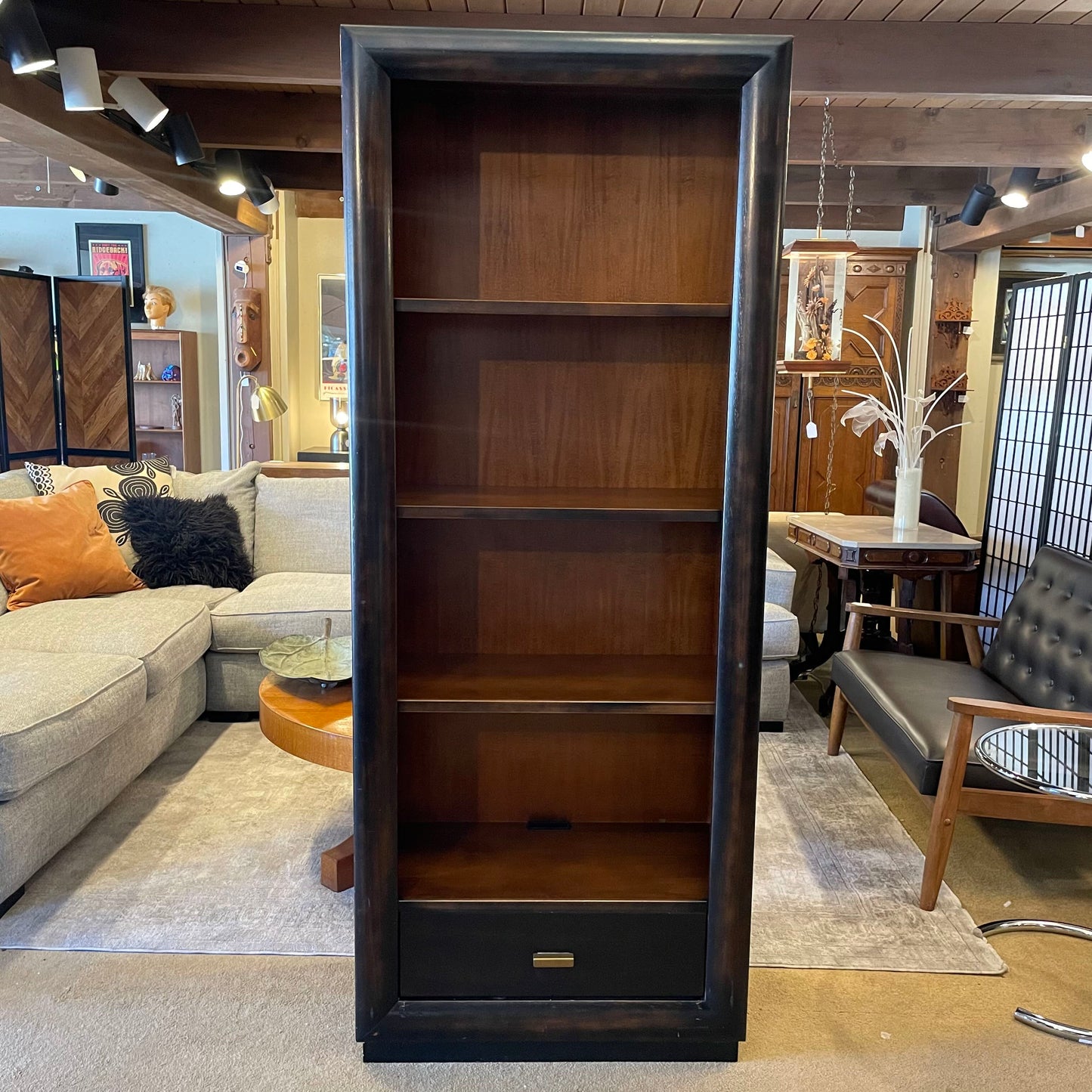 Dark Wood 4 Tier Bookshelf w/ Bottom Drawer