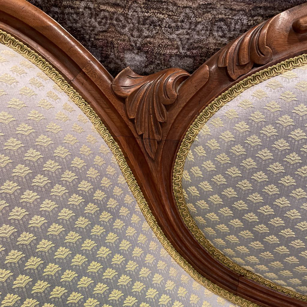 Victorian Style Yellow Patterned Carved Wood Settee