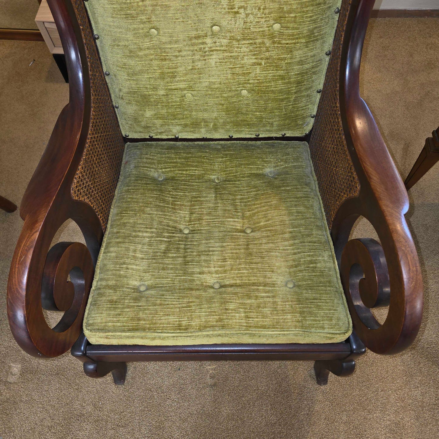 Dark Wood Curved Arm Olive Seat & Rattan Chair