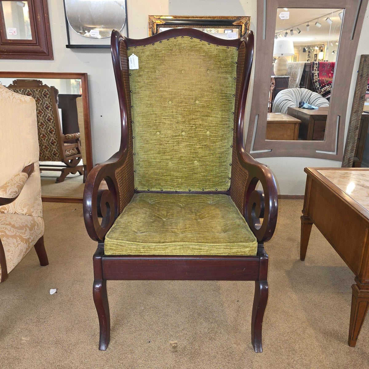 Dark Wood Curved Arm Olive Seat & Rattan Chair