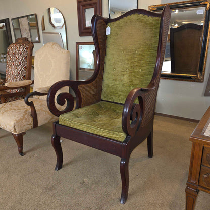 Dark Wood Curved Arm Olive Seat & Rattan Chair