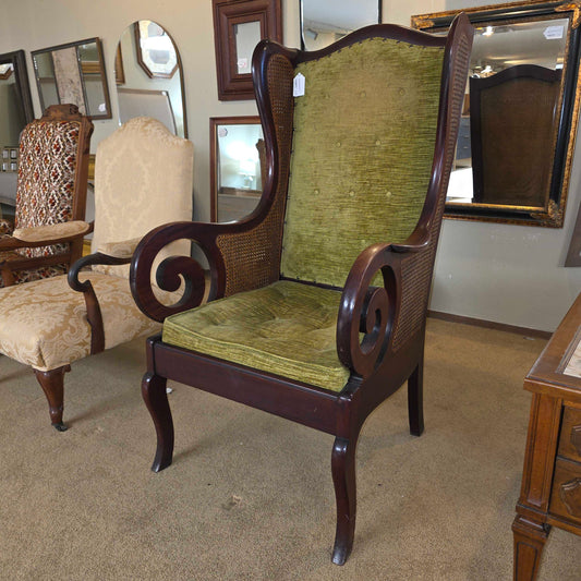 Dark Wood Curved Arm Olive Seat & Rattan Chair