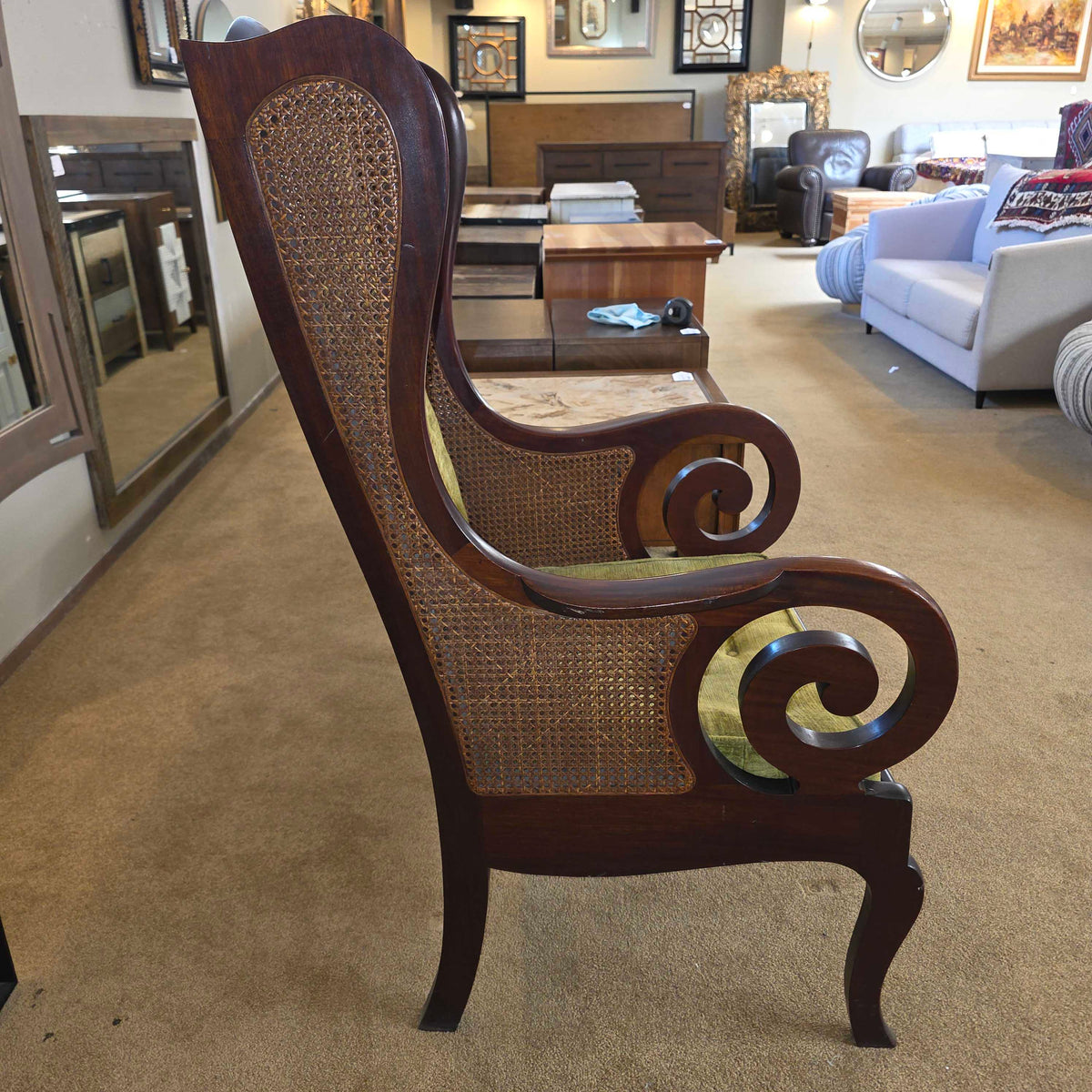 Dark Wood Curved Arm Olive Seat & Rattan Chair