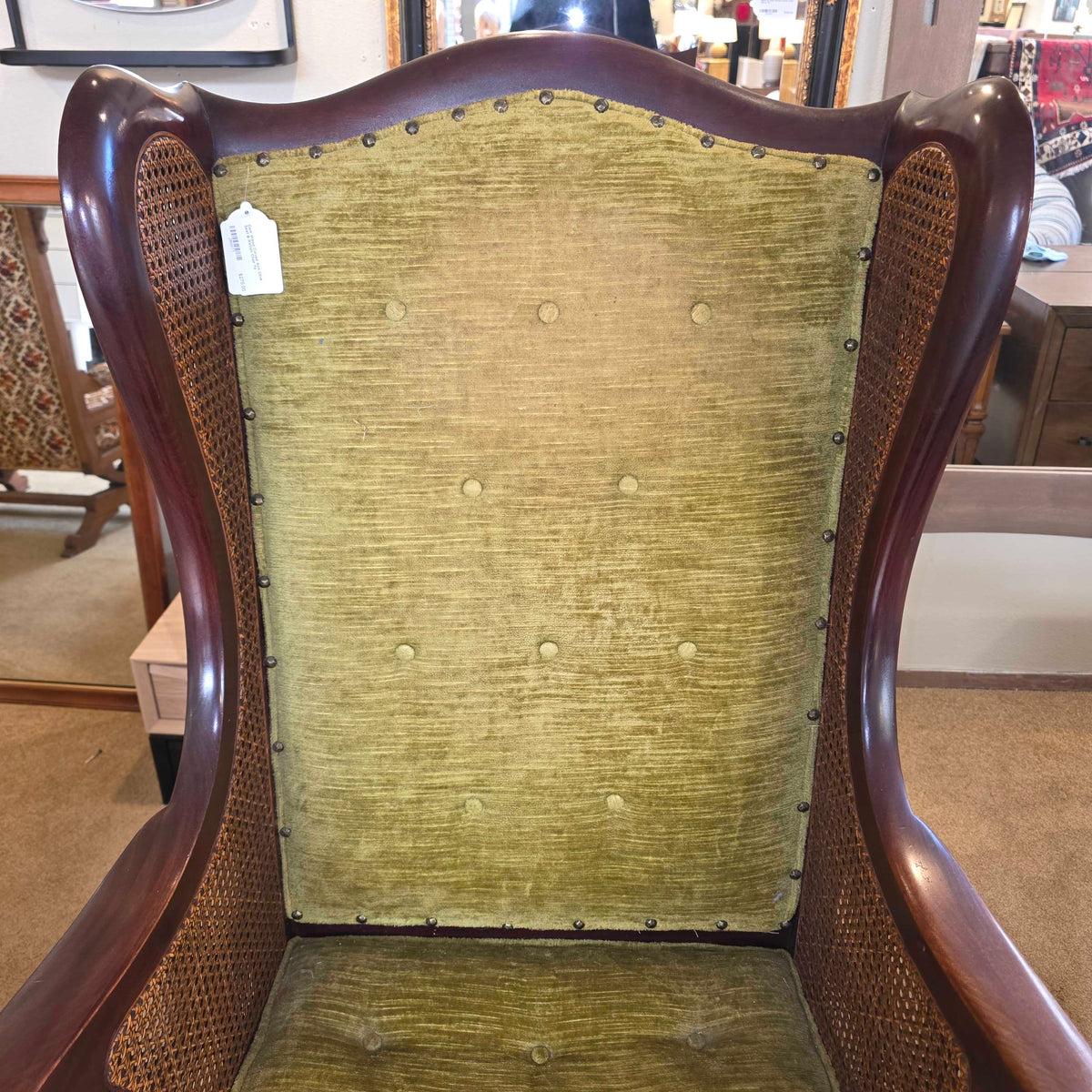 Dark Wood Curved Arm Olive Seat & Rattan Chair