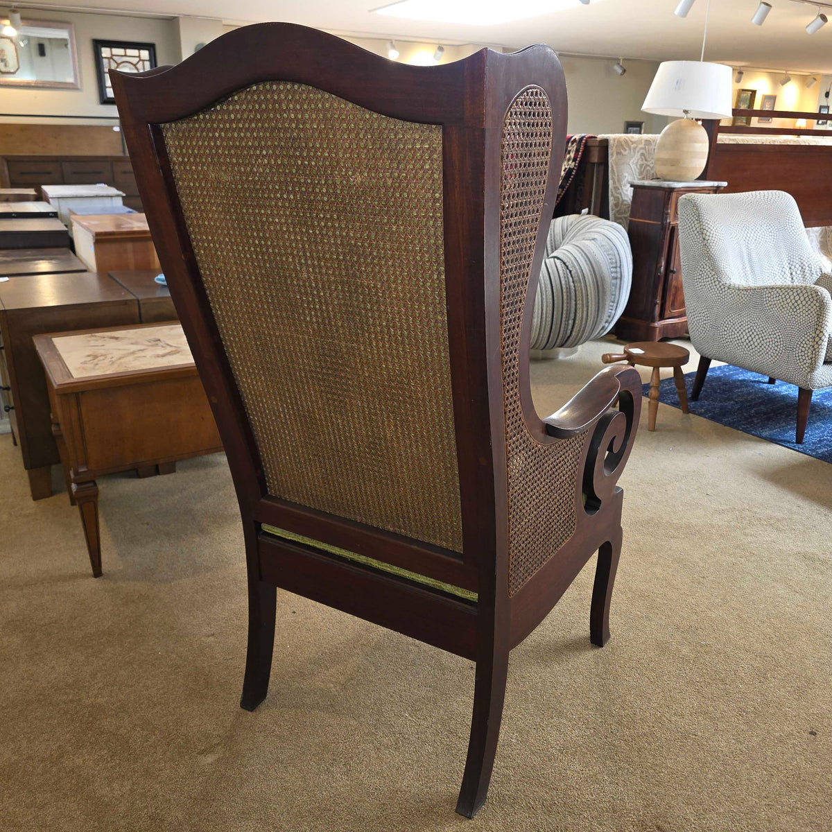 Dark Wood Curved Arm Olive Seat & Rattan Chair
