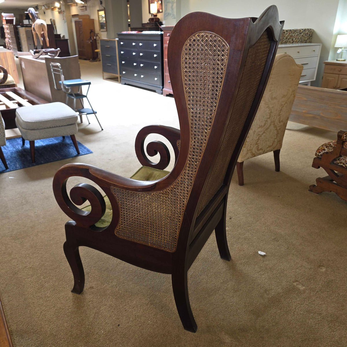 Dark Wood Curved Arm Olive Seat & Rattan Chair