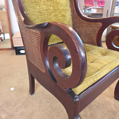 Dark Wood Curved Arm Olive Seat & Rattan Chair