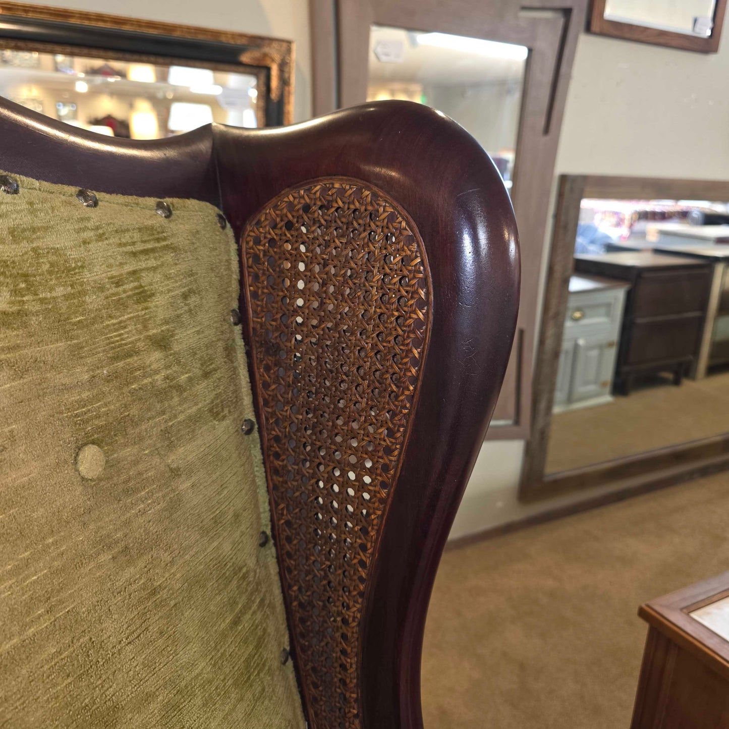 Dark Wood Curved Arm Olive Seat & Rattan Chair