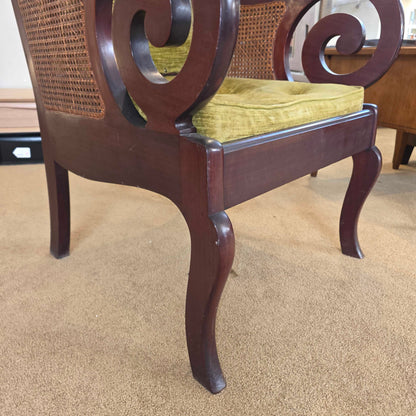 Dark Wood Curved Arm Olive Seat & Rattan Chair