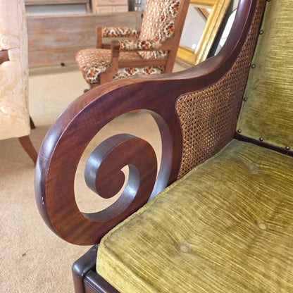 Dark Wood Curved Arm Olive Seat & Rattan Chair