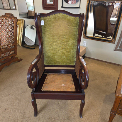 Dark Wood Curved Arm Olive Seat & Rattan Chair