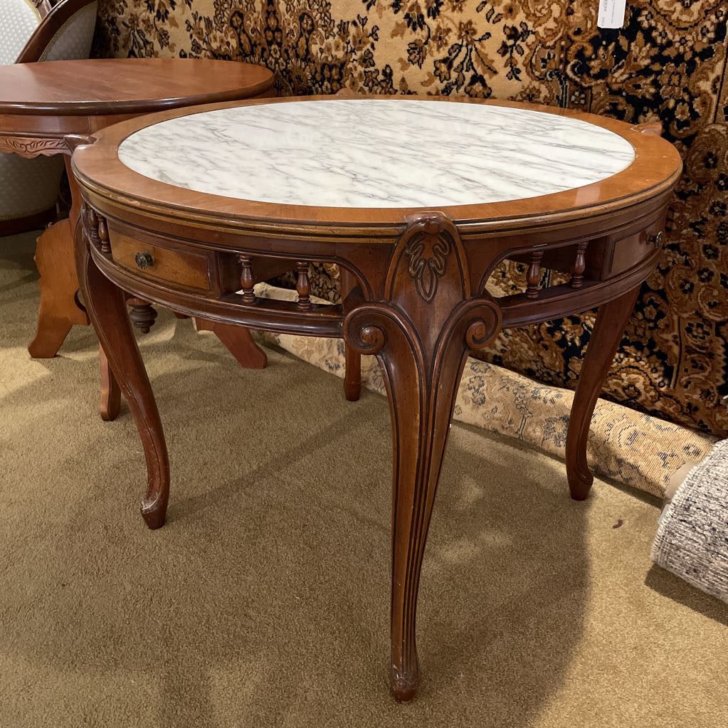 Carved Wood Marble Top Parlor Table C SIDE TABLES