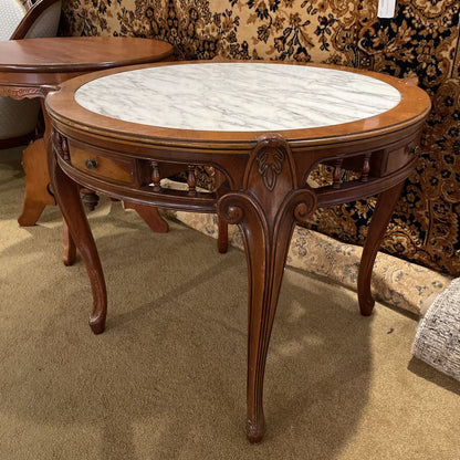 Carved Wood Marble Top Parlor Table C SIDE TABLES