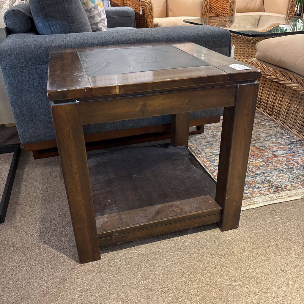 Solid Wood Frame Dark Stone Tile Side Table