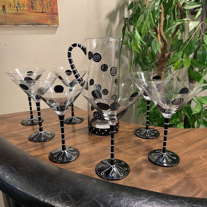 Black Dots and Swirls 7 Glass/Pitcher Martini SET