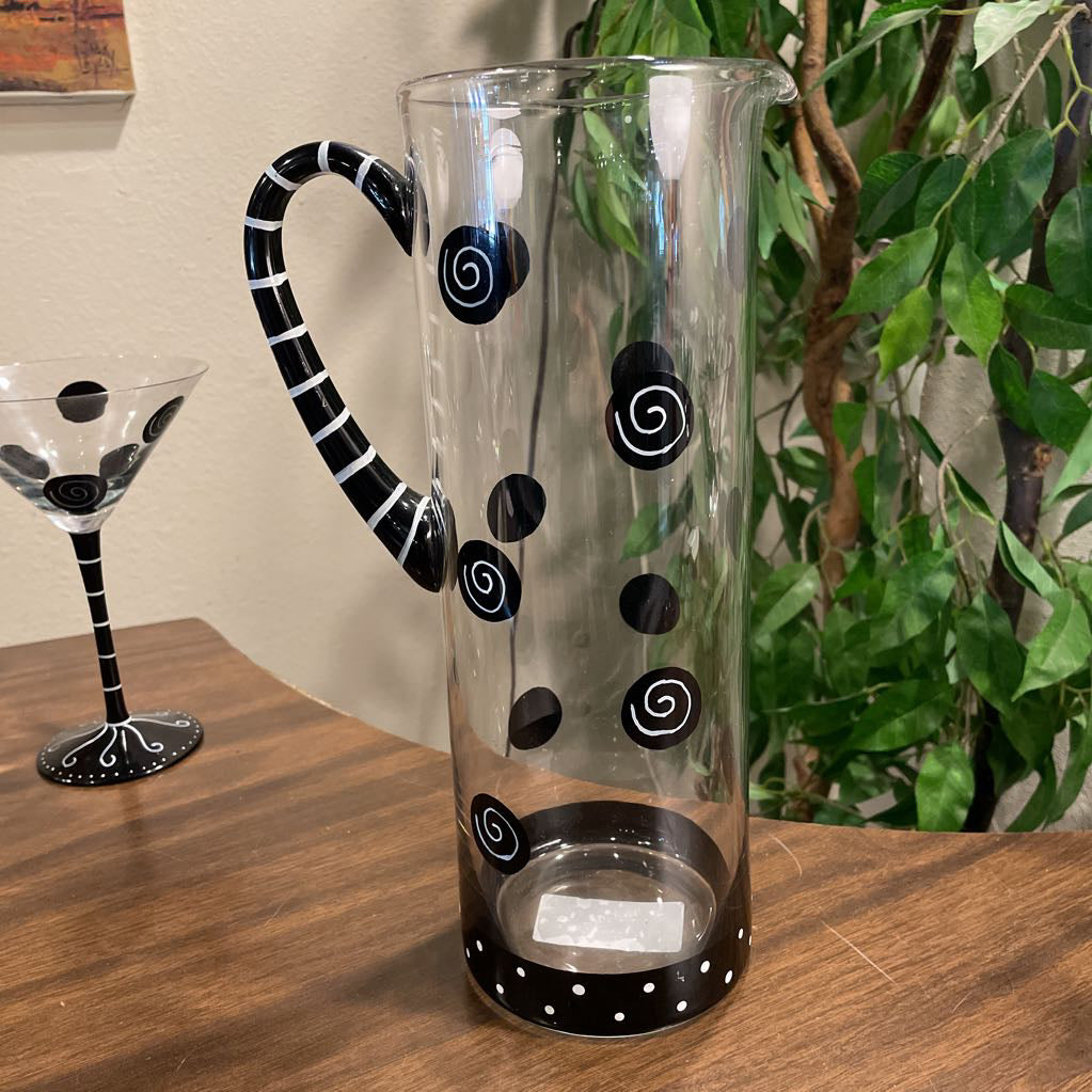 Black Dots and Swirls 7 Glass/Pitcher Martini SET