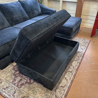 Navy Blue Corduroy Sofa W/ Floating Storage Chaise And Storage Ottoman