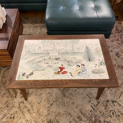 Family In Park Tile Scene Oak Coffee Table