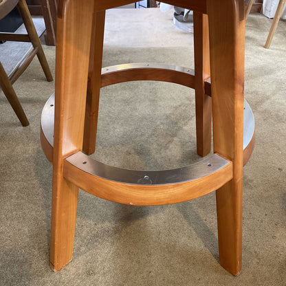 Wood Slatted Back w Leather Seat Swivel Stool