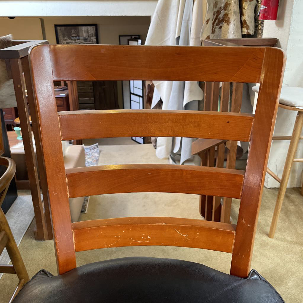 Wood Slatted Back w Leather Seat Swivel Stool