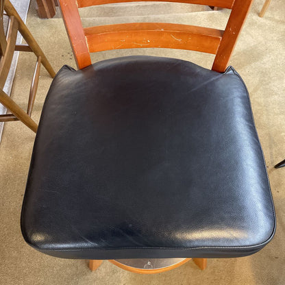 Wood Slatted Back w Leather Seat Swivel Stool