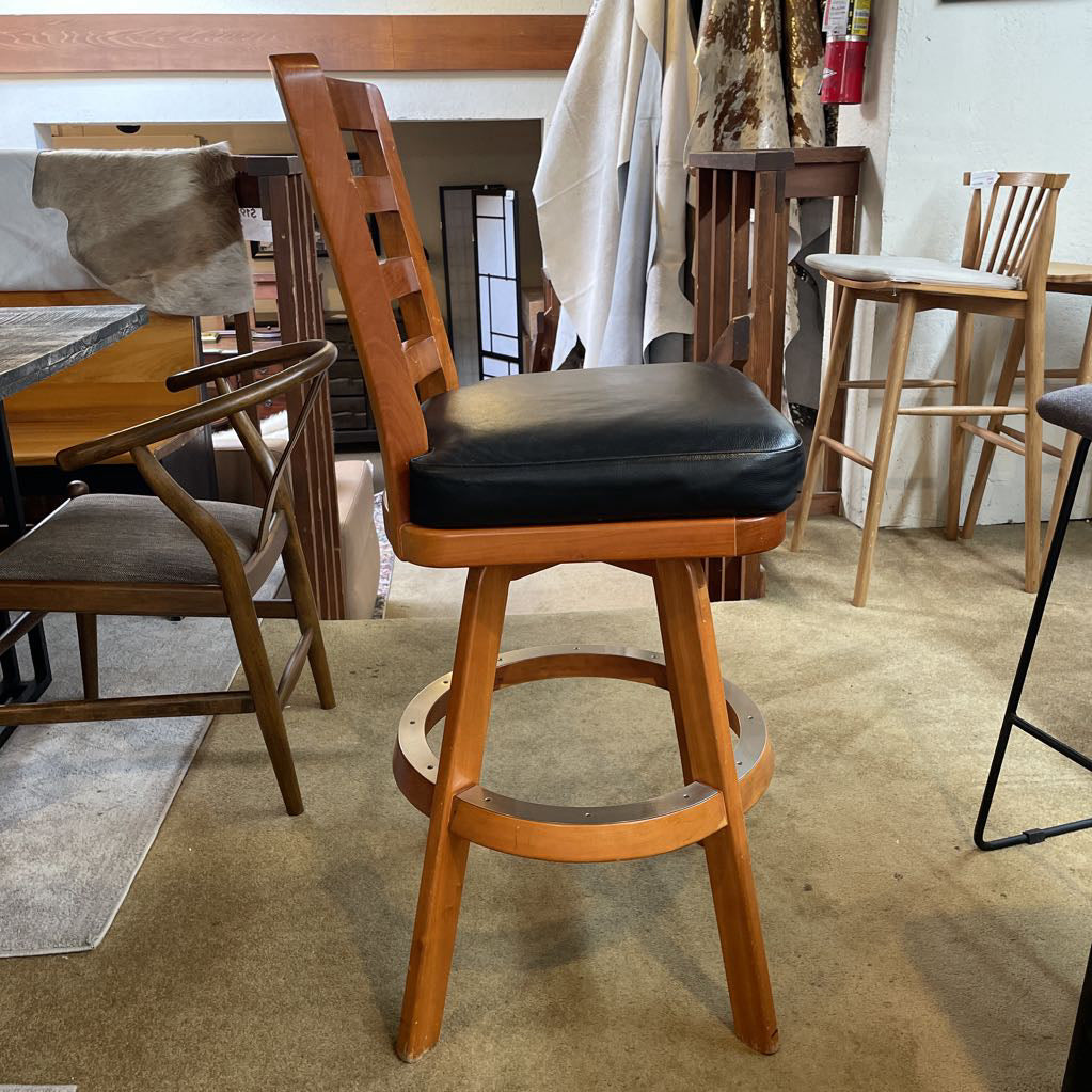 Wood Slatted Back w Leather Seat Swivel Stool