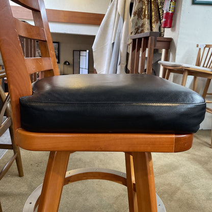 Wood Slatted Back w Leather Seat Swivel Stool