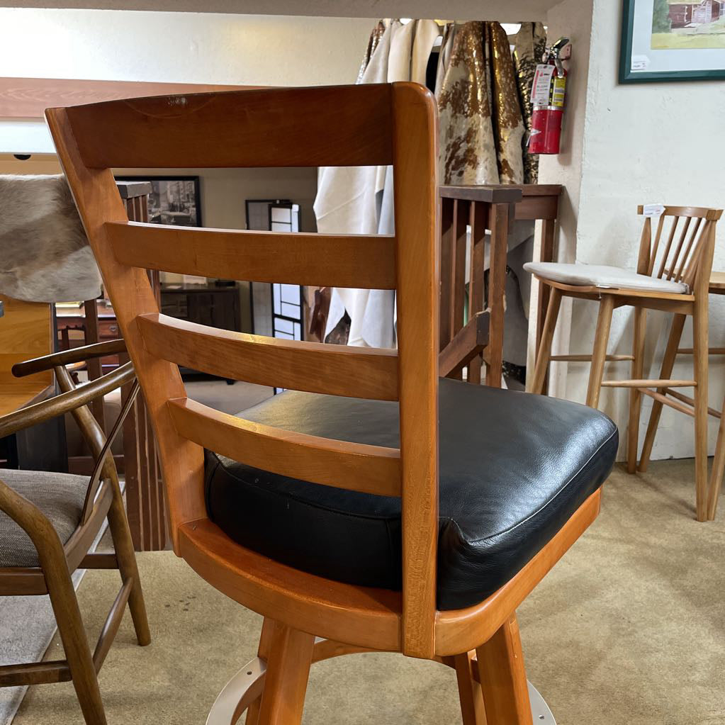Wood Slatted Back w Leather Seat Swivel Stool