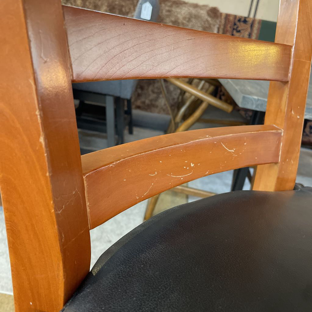 Wood Slatted Back w Leather Seat Swivel Stool