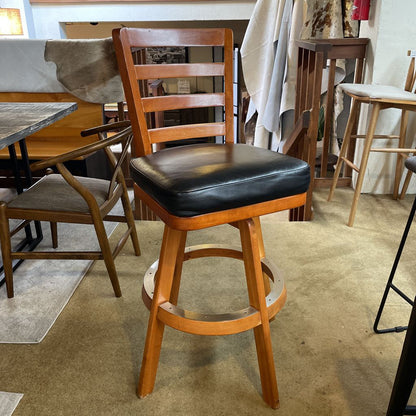 Wood Slatted Back w Leather Seat Swivel Stool