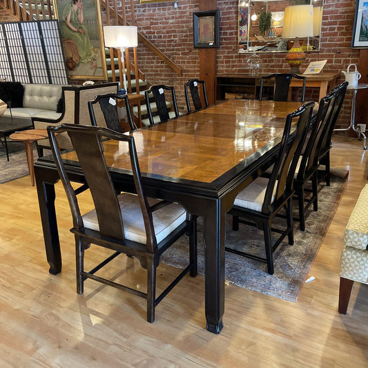 Chin Hua Burl Wood and Black Lacquer Dining Table w/ 8 Chairs SET C DINING TABLES
