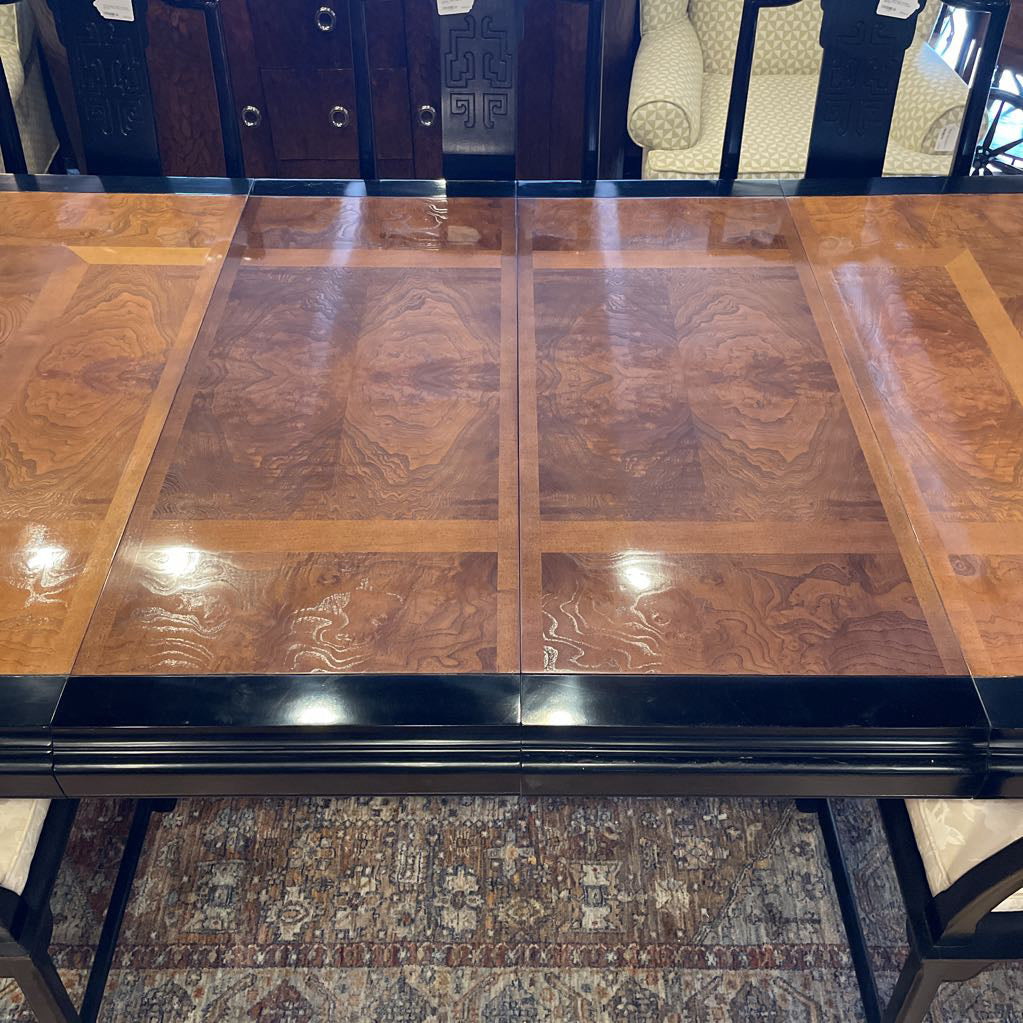 Chin Hua Burl Wood and Black Lacquer Dining Table w/ 8 Chairs SET