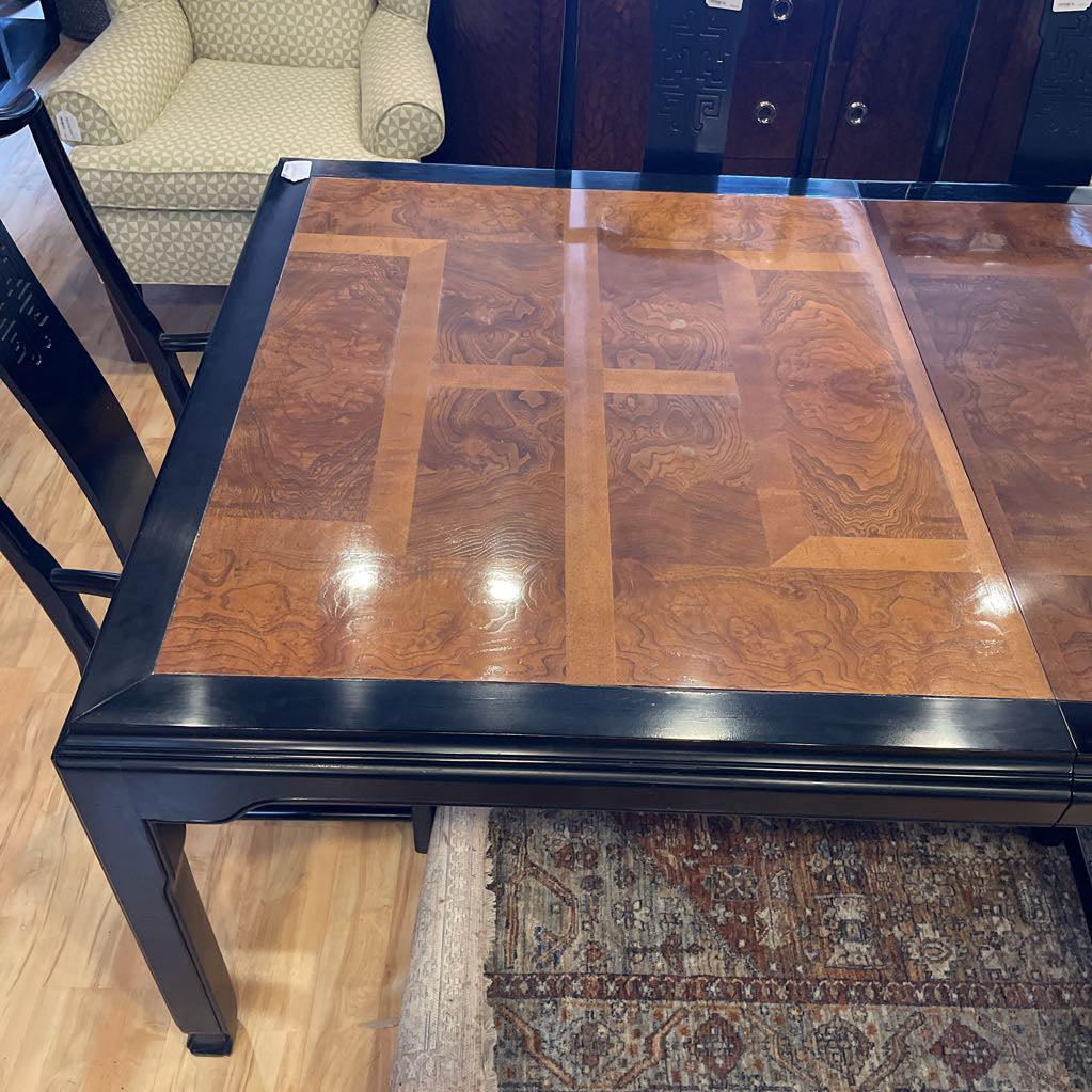 Chin Hua Burl Wood and Black Lacquer Dining Table w/ 8 Chairs SET
