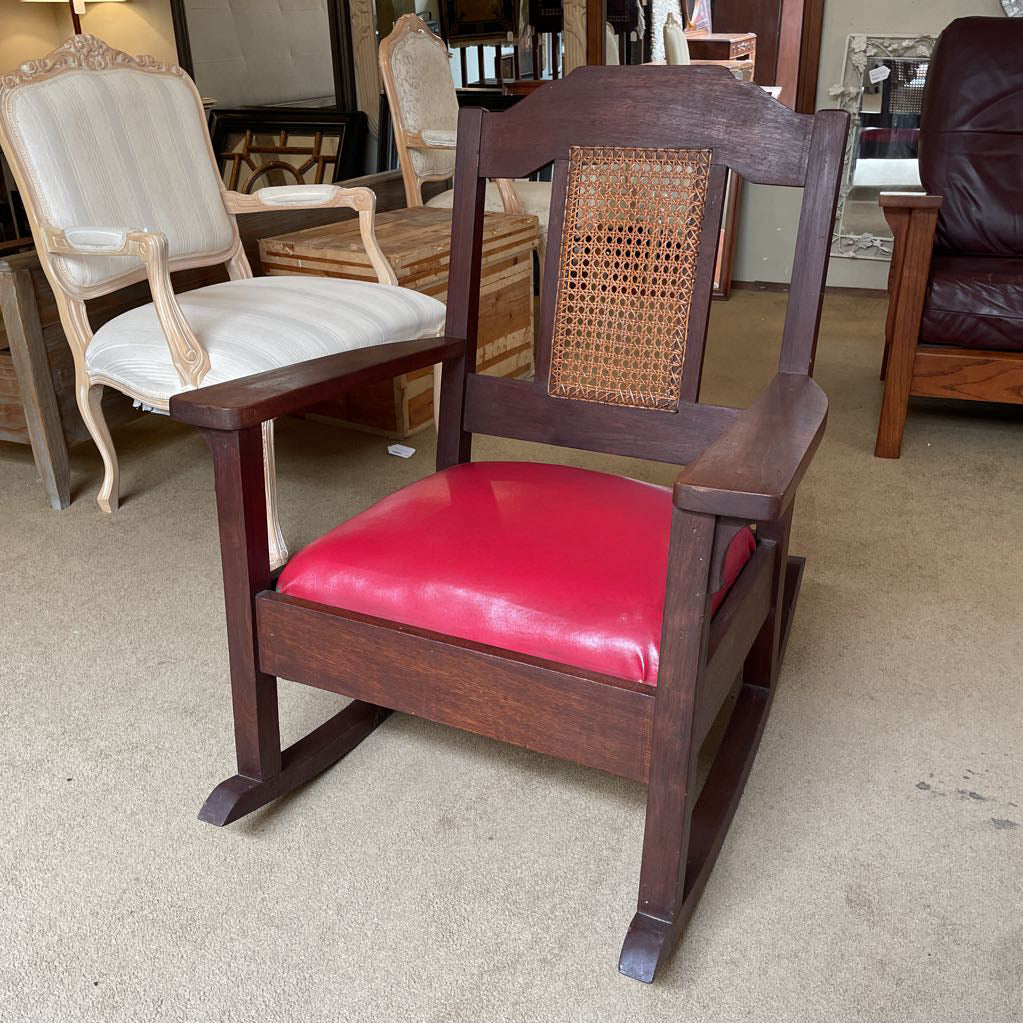 Antique Oak Cane Back Vinyl Seat Rocking Chair