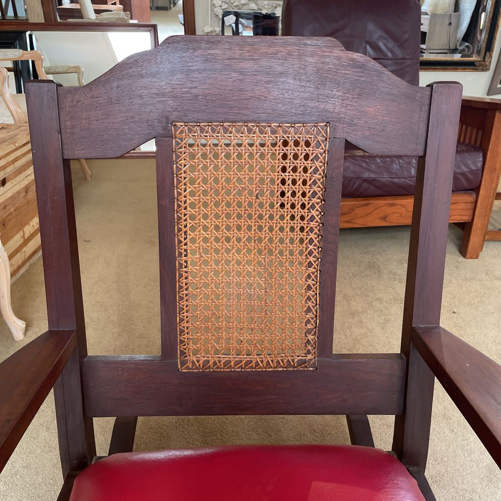 Antique Oak Cane Back Vinyl Seat Rocking Chair