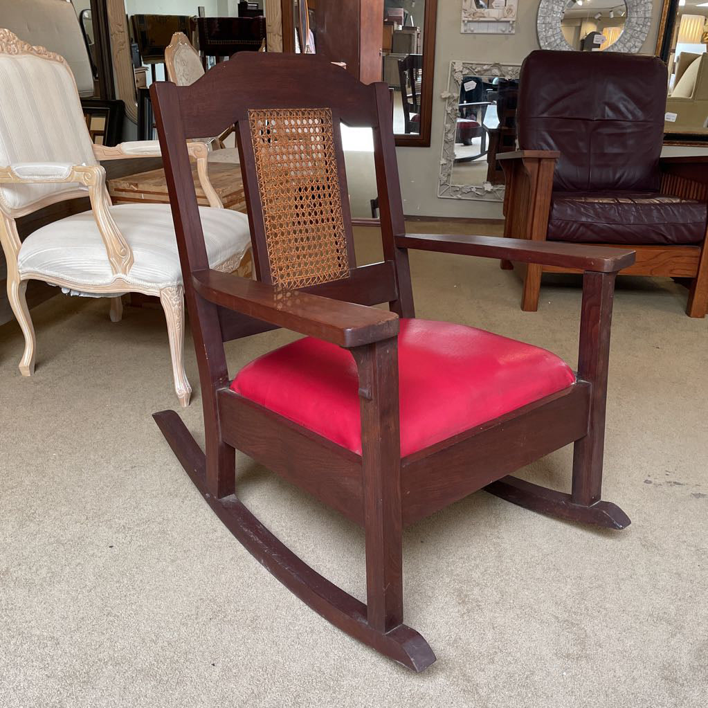 Antique Oak Cane Back Vinyl Seat Rocking Chair