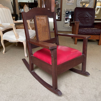 Antique Oak Cane Back Vinyl Seat Rocking Chair