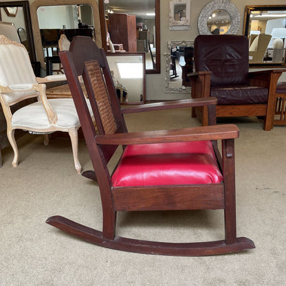 Antique Oak Cane Back Vinyl Seat Rocking Chair