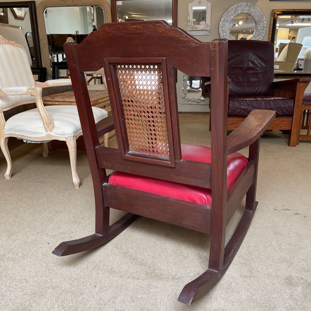 Antique Oak Cane Back Vinyl Seat Rocking Chair
