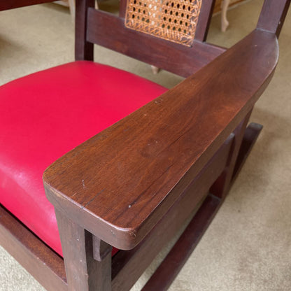 Antique Oak Cane Back Vinyl Seat Rocking Chair