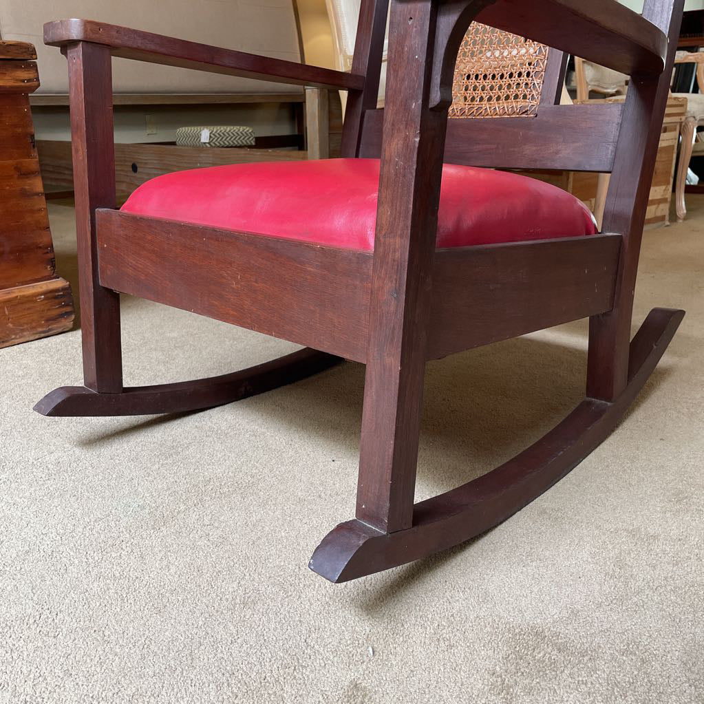 Antique Oak Cane Back Vinyl Seat Rocking Chair