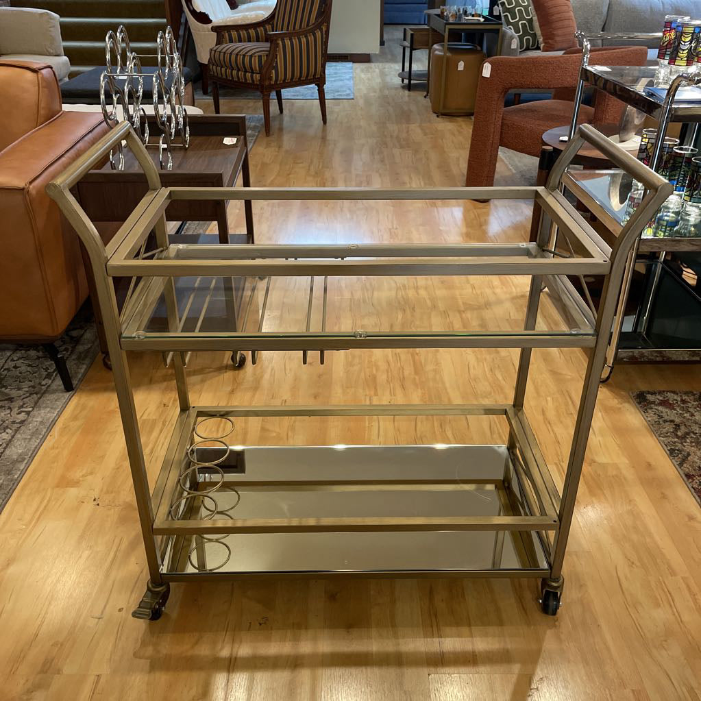 Brushed Gold Bar Cart w/ Glass Shelf and Mirror Bottom