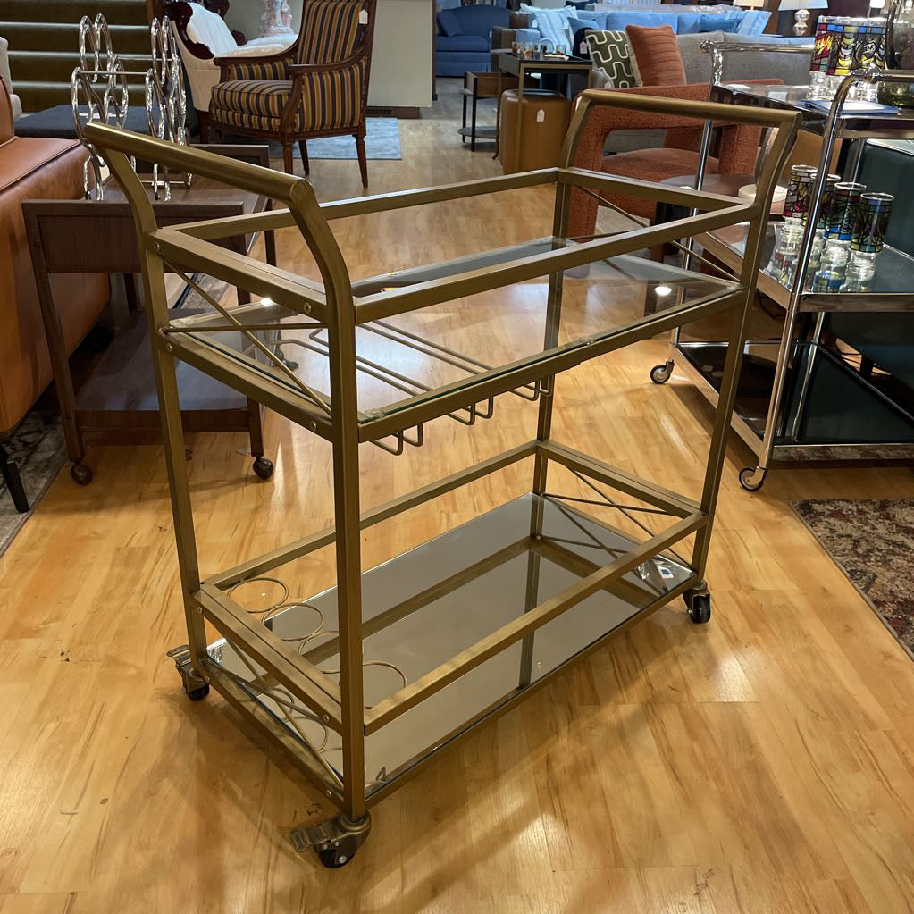 Brushed Gold Bar Cart w/ Glass Shelf and Mirror Bottom