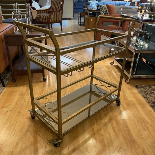 Brushed Gold Bar Cart w/ Glass Shelf and Mirror Bottom C BAR CARTS