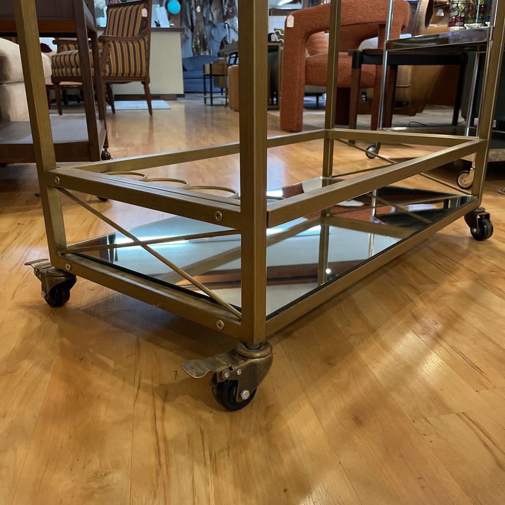 Brushed Gold Bar Cart w/ Glass Shelf and Mirror Bottom
