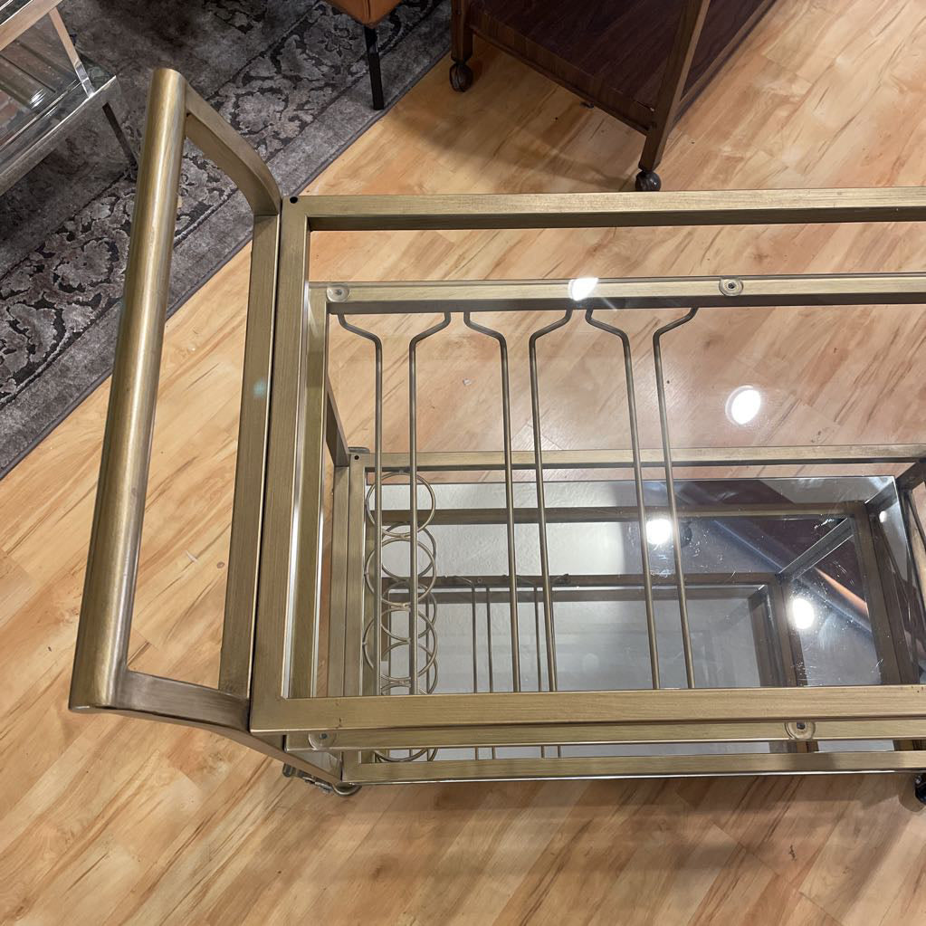 Brushed Gold Bar Cart w/ Glass Shelf and Mirror Bottom