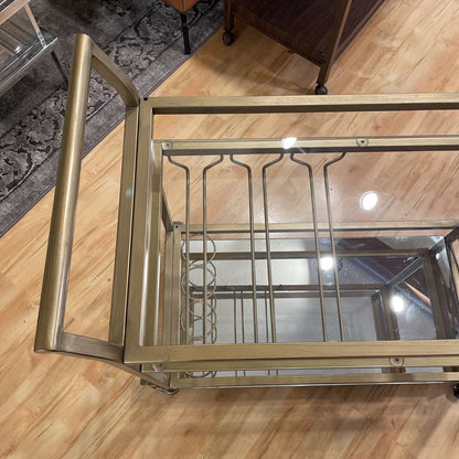 Brushed Gold Bar Cart w/ Glass Shelf and Mirror Bottom