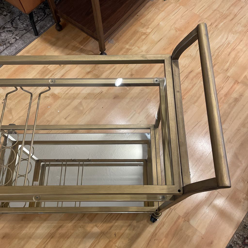 Brushed Gold Bar Cart w/ Glass Shelf and Mirror Bottom
