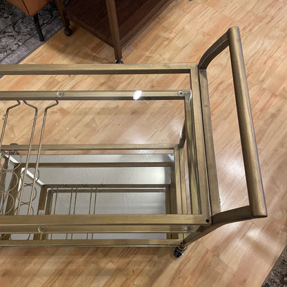 Brushed Gold Bar Cart w/ Glass Shelf and Mirror Bottom