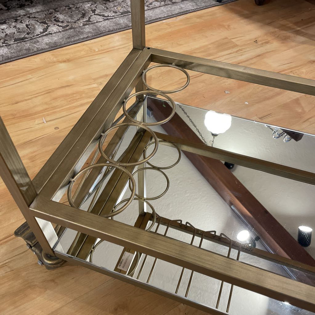 Brushed Gold Bar Cart w/ Glass Shelf and Mirror Bottom
